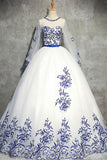 Ivory Long Sleeve Tulle Prom Dress with Appliques, Puffy Appliqued Long Evening Dress