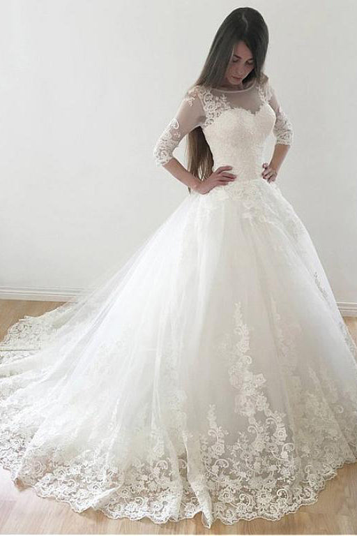 Ivory Puffy Half Sleeves Long Wedding Dress, Vintage Tulle Bateau Appliques Bridal Dresses N1384
