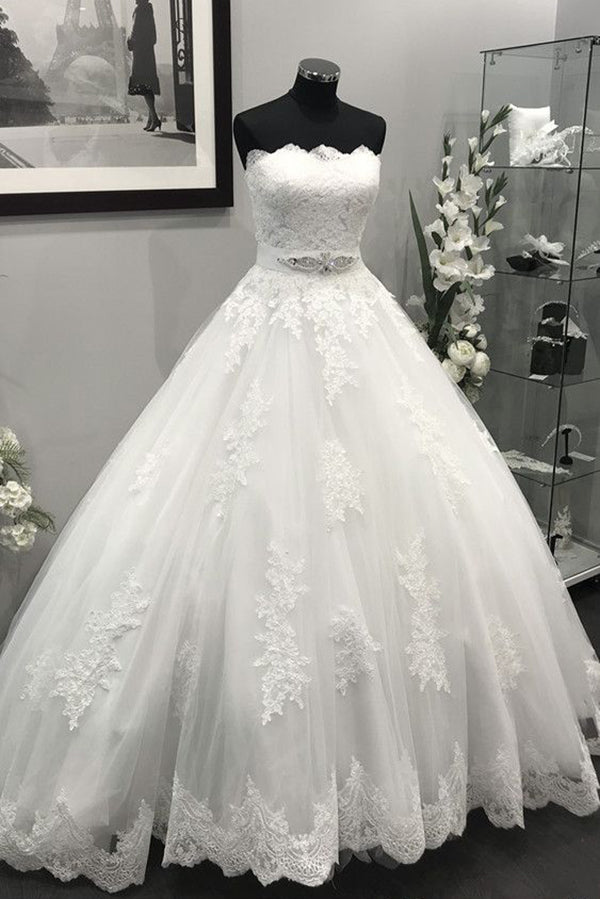 Ivory Strapless Lace Appliques Crystal Beaded Sash Tulle Wedding Dresses Ball Gowns