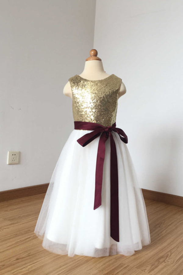 Cheap Floor Length Sequin Ivory Tulle Flower Girl Dress with Burgundy Sash