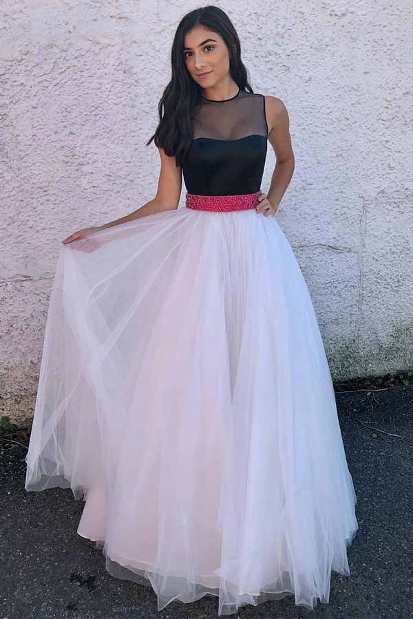 A Line Ivory Tulle Prom Dress with Black Top, Floor Length Formal Dress with Beading Waist