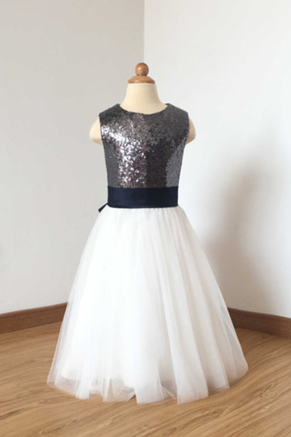 A Line Floor Length Charcoal Grey Sequin Ivory Tulle Flower Girl Dress F017