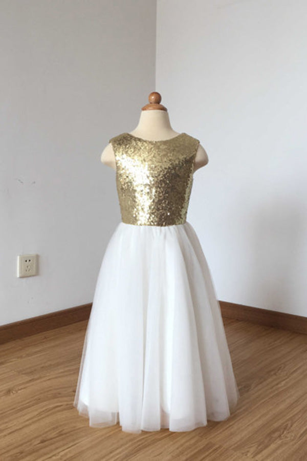 A Line Floor Length Ivory Tulle Flower Girl Dress with Gold Sequin Flower Girl Dress F032