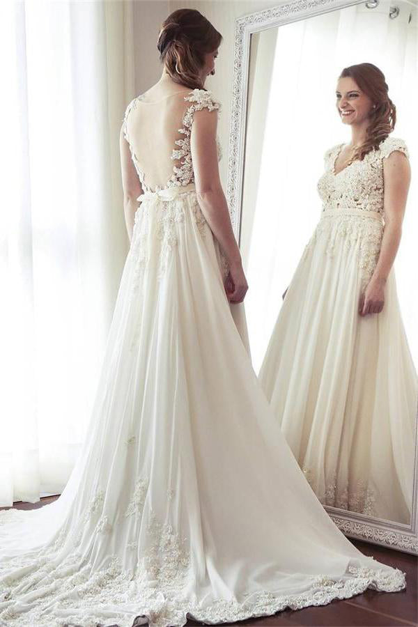 Charming Long Ivory Lace Chiffon V-neck Elegant Beach Wedding Dresses with Lace Applique