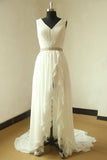 Ivory V Neck Sleeveless Pleated Slit Chiffon Summer Beach Wedding Dress with Beading