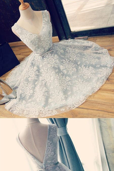 A Line V-Neck Ruched Lace Sleeveless Homecoming Dresses with Belt