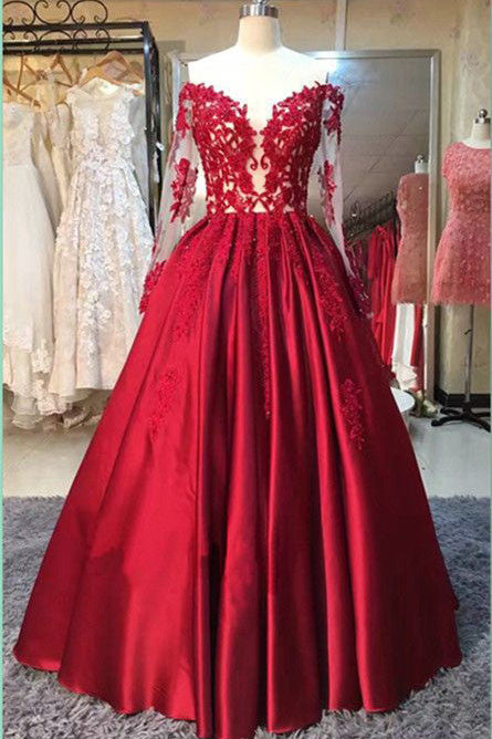 Gorgeous Red Stain Long Sleeves Lace Appliques Prom Dresses
