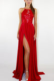 Red Backless Prom Dresses with Side Slit Long Party Dresses with Lace N1379