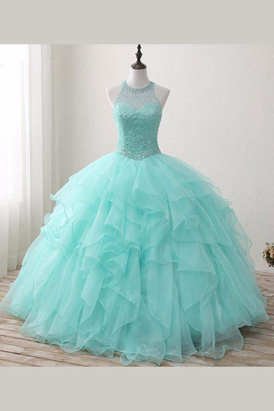 Mint Floor-length Jewel Sleeveless Ball Gown Beading Tulle Prom Dresses,Quinceanera Dresses,N403