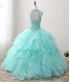 Mint Floor-length Jewel Sleeveless Ball Gown Beading Tulle Prom Dresses Quinceanera Dresses N403