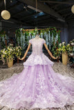 Lilac Ball Gown Short Sleeve Prom Dresses with Flowers, Gorgeous Quinceanera Dress N2626