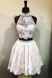 Two Piece Lace High Neck Sleeveless Homecoming Dresses with Beads N890