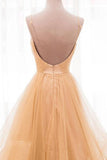 Spaghetti Straps V-Neck Sparky Long Prom Dresses Backless Pleated Tulle Party Dresses N2587