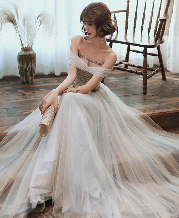Light Gray Tulle Lace Long Prom Dresses Floor Length Off the Shoulder Formal Dresses N2579