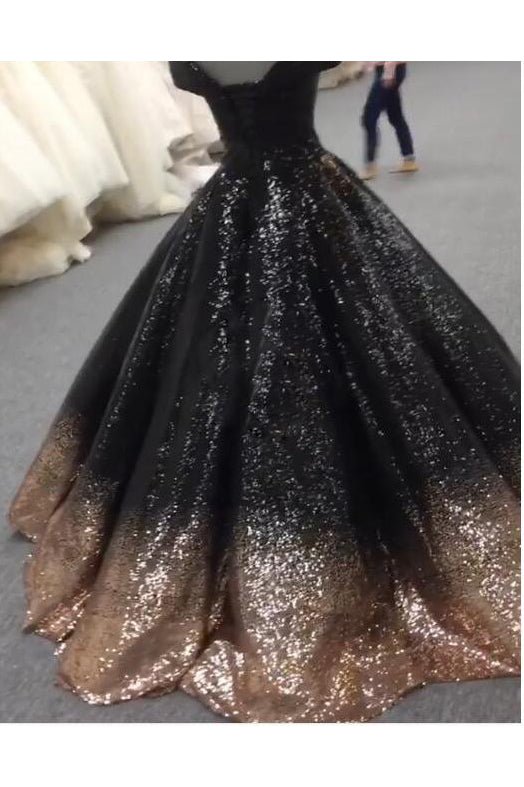 Off the Shoulder Black Ball Gown Sequins Prom Dresses