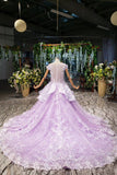 Lilac Ball Gown Short Sleeve Prom Dresses with Flowers Gorgeous Quinceanera Dresses N2626