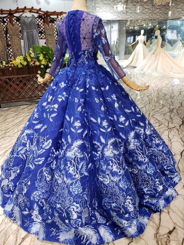Blue Ball Gown Floral Prom Dresses with Long Sleeves Appliqued Long Quinceanera Dresses N1638