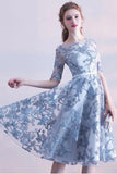 A Line Gray Blue Half Sleeves Tulle Homecoming Dresses