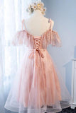 A Line Pink Tulle Lace Homecoming Dresses with Pearls N2190
