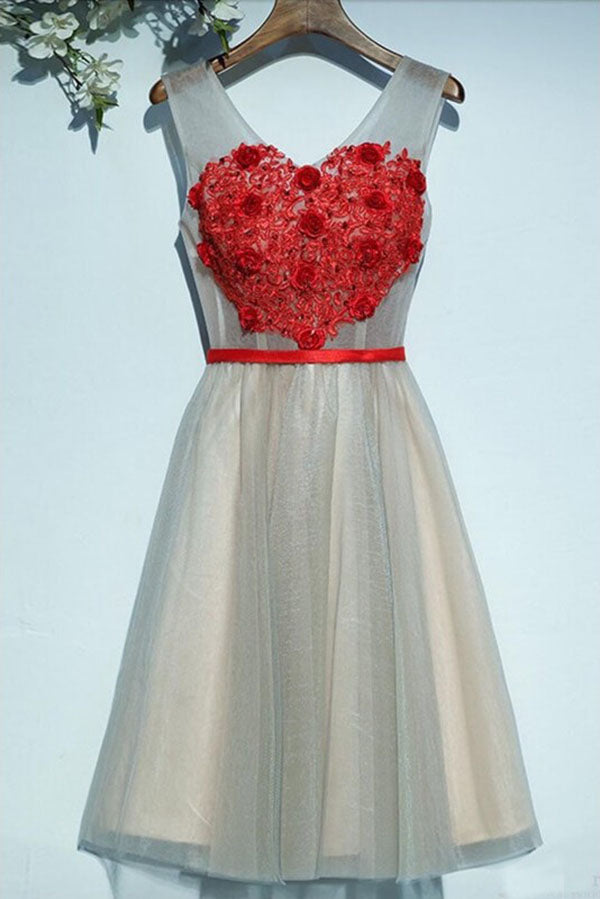 A Line V-neck Appliqued Homecoming Dresses Short Party Dresses with Flower