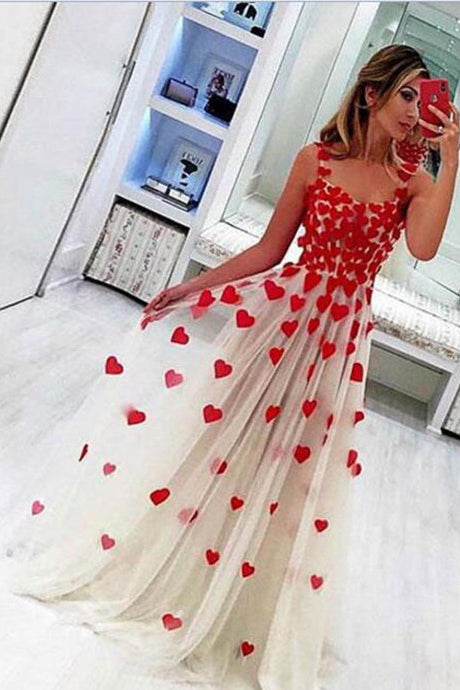 Floor Length Straps Tulle Prom Dress with Flowers, A Line Sleeveless Long Evening Dress N2600