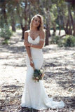 Spaghetti Strap Lace Beach Wedding Dress, Backless V Neck Sweep Train Long Bridal Dress N1510