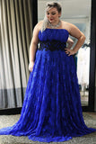 Strapless Royal Blue Plus Size Lace Long Prom Dress,Cheap Custom Made Dress,N539