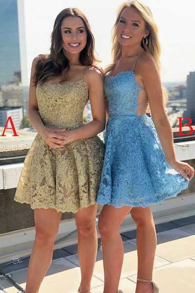 Spaghetti Strap Lace Short Homecoming Dress with Rhinestone