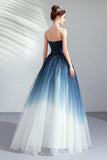 Ombre Tulle Strapless A Line Floor Length Elegant Prom Dresses N1700