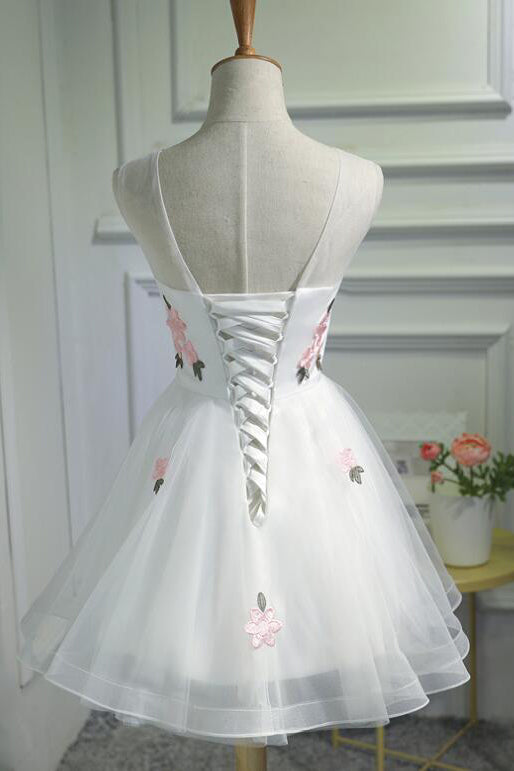A Line Tulle Pink Appliques Short Sleeveless Graduation Dresses Homecoming Dresses N881