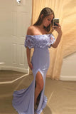 Lavender Off Shoulder Mermaid Split Evening Dress with Lace, Sexy Slit Prom Dress