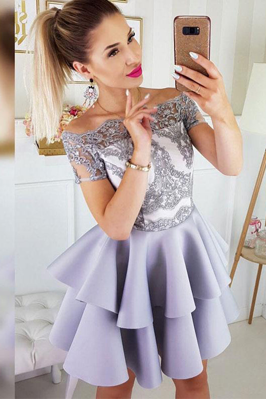 Lavender Off the Shoulder Two Layers Satin Short Homecoming Dresses with Appliques N1907