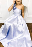 Simple One Shoulder Satin Floor Length Prom Dress with Flowers, Cheap Long Party Dress N2409