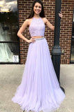 Two Piece Halter Lavender Prom Dress With Beading, Floor Length Tulle Evening Dress
