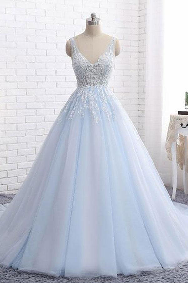 Light Blue V Neck Sleeveless Ball Gown Wedding Dress, Appliqued Tulle Bridal Dresses
