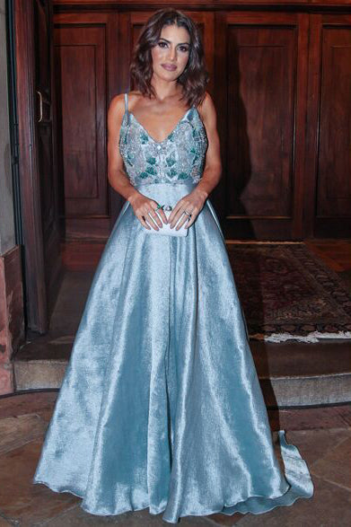 Light Blue Spaghetti Straps V neck Beading Prom Dress,Long Backless Evening Gown,N737