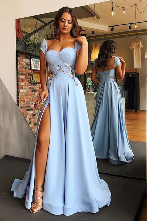 A Line Cap Sleeve Sweetheart Long Split Prom Dress with Appliques, Charming Formal Dress