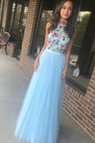 Light Sky Blue High Neck Tulle Prom Dress with Embroidery, Floor Length Evening Dress