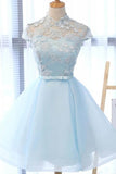 A Line High Neck Cap Sleeves Organza Homecoming Dresses with Bowknot N1018
