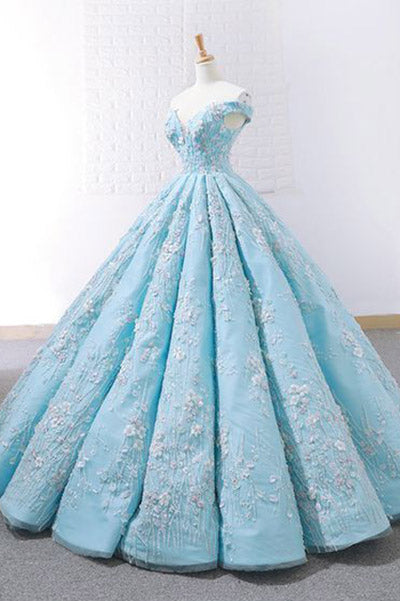Light Blue Off Shoulder Ball Gown Prom Dress, Gorgeous Lace Appliques Quinceanrea Dress N1301
