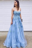 Blue Lace Tulle Spaghetti Straps Long Prom Dresses with Lace Applique N2170