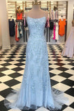 Mermaid Spaghetti Straps Lace Appliques Criss Cross Back Prom Dresses with Rhinestones