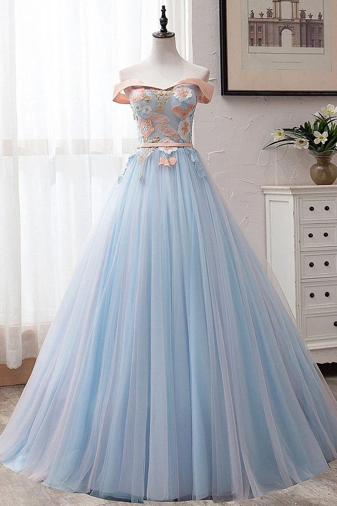 Light Blue Off Shoulder Floor Length Tulle Prom Gown with Appliques, Puffy Long Evening Dress N2396