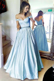 Light Blue Off the Shoulder Satin Prom Dress with Beading, Cheap Long Formal Dress N1566