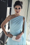 Light Blue One Shoulder Chiffon Pleats Sheer Illusion Back Prom Gown N825