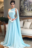 Light Blue One Shoulder Chiffon Formal Dresses Pleats Sheer Illusion Back Prom Gown N825