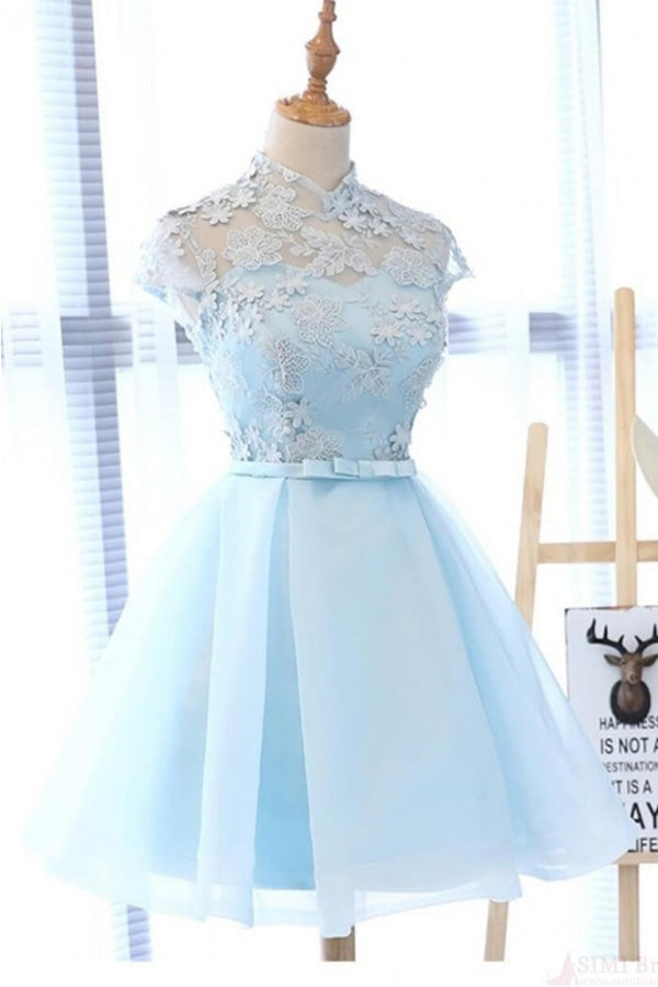 A Line High Neck Cap Sleeves Organza Homecoming Dresses with Bowknot ...
