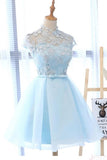 A Line High Neck Cap Sleeves Organza Homecoming Dresses with Bowknot