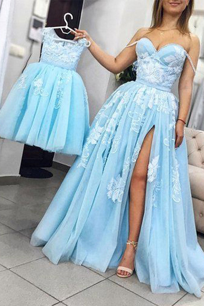 Unique Light Sky Blue Tulle Prom Dresses with Slit A Line Sweetheart Long Prom Gown N1653
