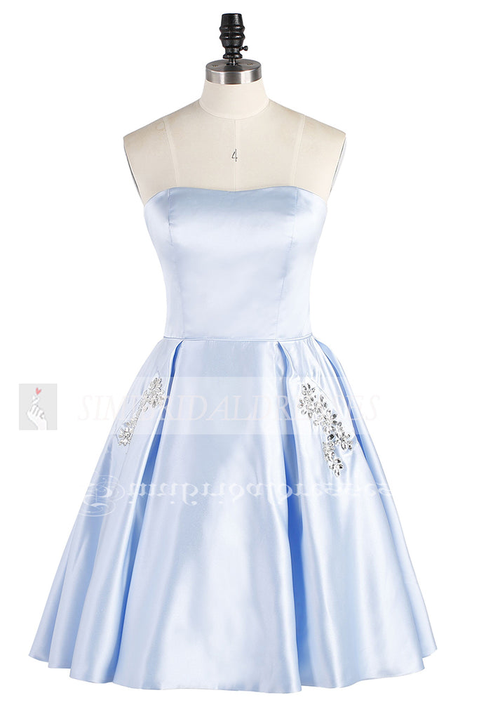 Light Blue Strapless Short Satin Homecoming Dress, Cheap Cocktail Dress with Beading